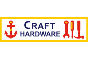 Logo of craft hardware featuring a red anchor, and illustrations of a wrench and two screwdrivers on a yellow background with blue borders, designed to represent the robust customer service offered by our local business community.