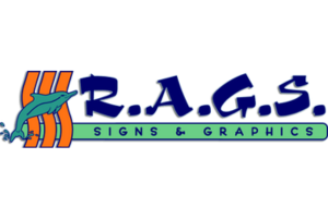 Logo of r.a.g.s. signs & graphics, friendly businesses featuring multicolored vertical lines and a green frog climbing over the lettering.