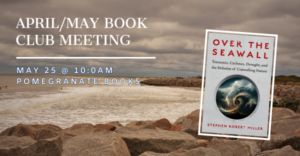 Promotional Auto Draft for a book club meeting featuring a stormy seascape background and the book "Over the Seawall" set for May 25 at Pomegranate Books.