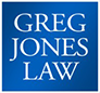 Logo of Greg Jones Law featuring white text on a blue background, enclosed in a white border, symbolizing community support.